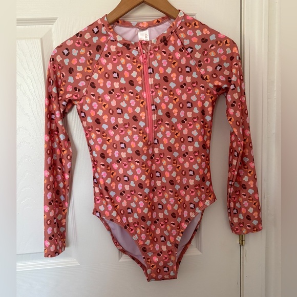 Girls XL SZ14 Leopard spots one-piece rash guard W UPF 50+ - Picture 1 of 5
